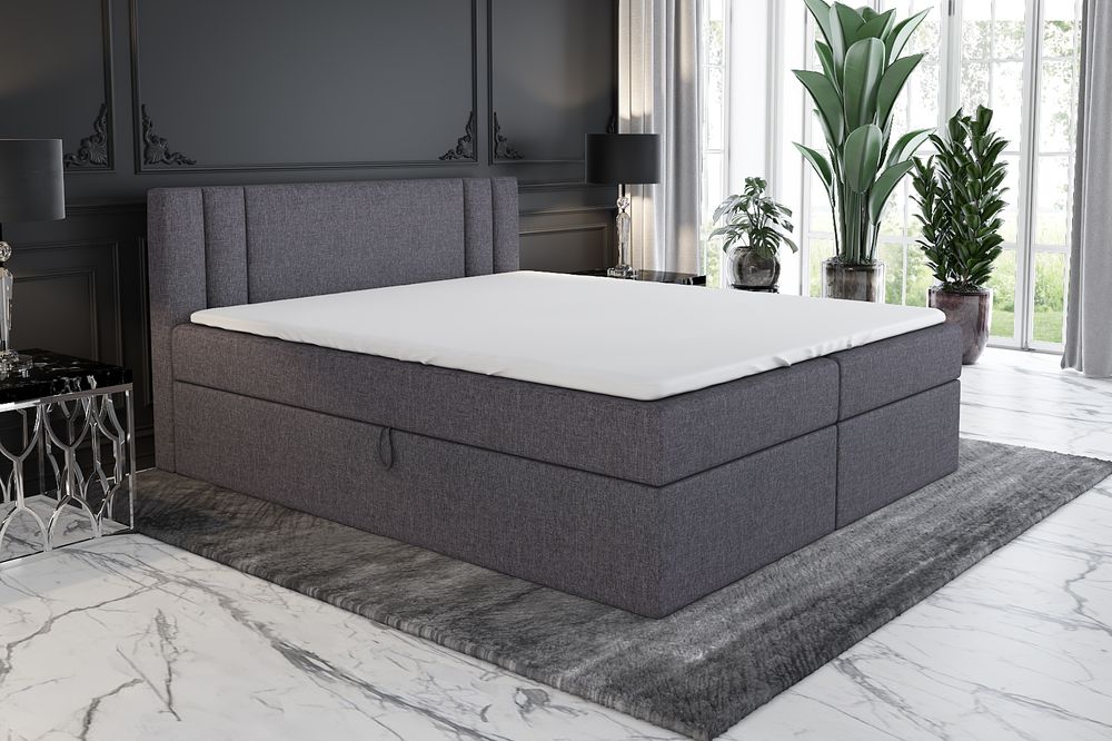 Boxspringbett AKI 140x200 mit 2 Bettkästen, Bonell-Matratze und Topper. Farbe: Dunkelgrau.