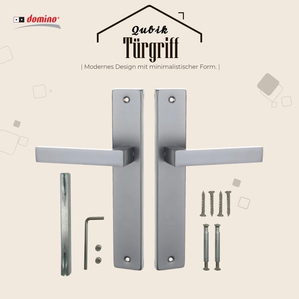 DOMINO Türgriff Blind Drückergarnitur | Langschildgarnitur | Türklinke für Zimmertür, Bürotür, Kellertür & Innentür | L-Form | Türbeschläge aus Aluminium | Satin Chrome Light Türdrückergarnitur | QUBIK M45