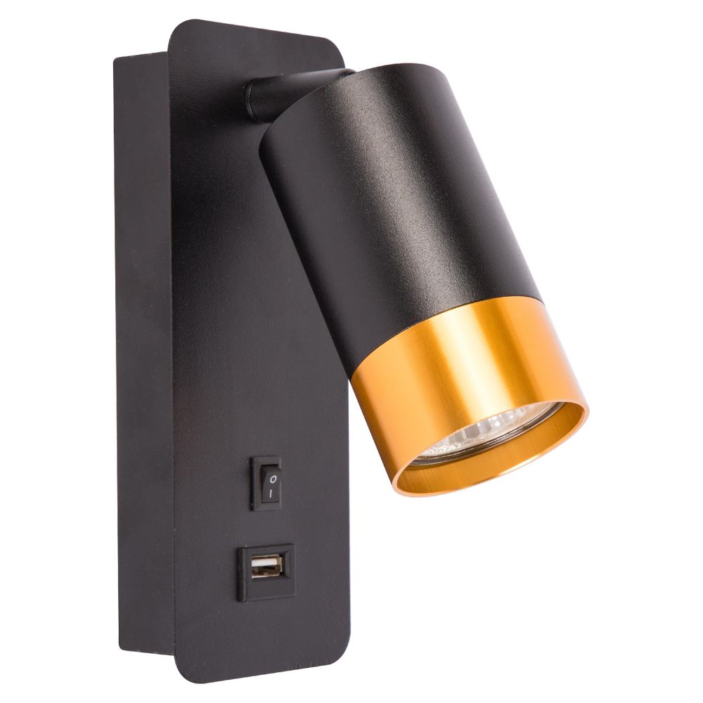 Schwarze LED-Wandleuchte mit USB-Anschluss und drehbarem Spot in Goldoptik.