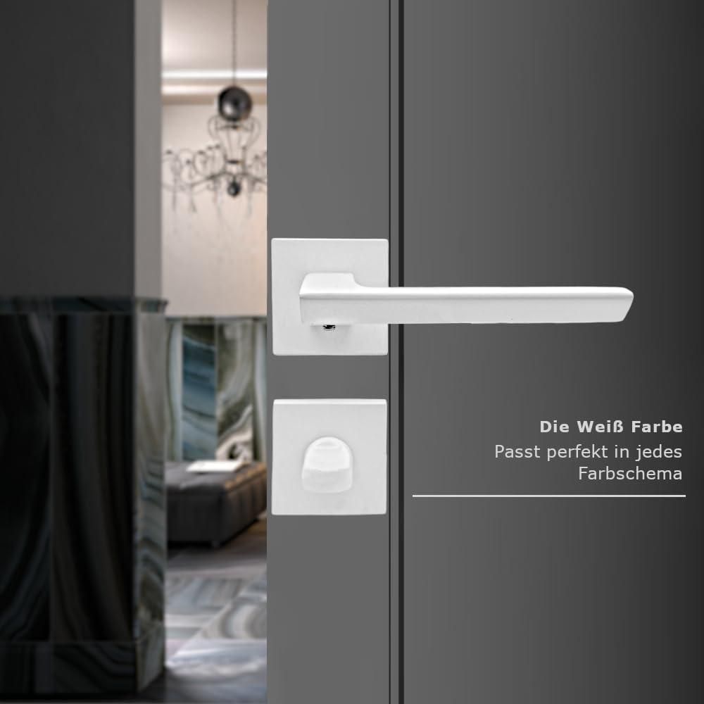DOMINO Türgriff Drückergarnitur WC - Badezimmer Set | quadratische Rosette | für Badezimmertüren | Set WC - Rosetten-Garnitur | Türbeschläge aus Aluminium  |Weiss Türdrückergarnitur |ELENA QR SLIM WHITE