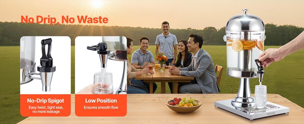 VEVOR Edelstahl Getränkespender, 13L Getränkespender mit Alkoholbrenner, heiße und kalte Getränkespender mit Auslauf für Kaffee, Tee, heißes Wasser, ideal für Restaurants, Hotels, Partys, Einzelner Saftspender