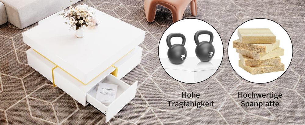 okwish Couchtisch quadratischer, Hochglanz Beistelltisch für Schlafzimmer, Wohnzimmertische mit Stauraum fürs Wohnzimmer, Beistelltisch mit Schubladen und goldenen Akzenten, Weiß