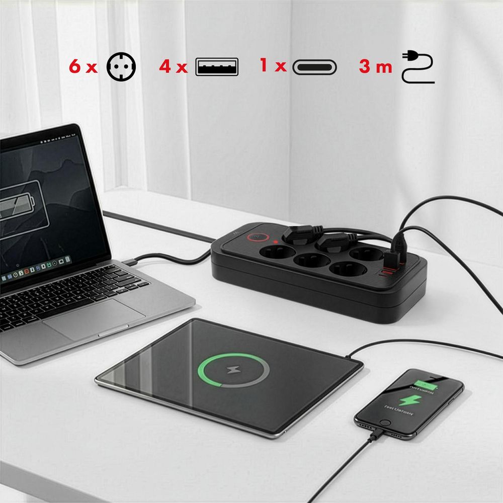 Maclean Steckdosenleiste 6-fach Verlängerungskabel + 4xUSB 110-240V AC 50/60Hz 2.1A max 2500W 3m schwarz MCE391 B