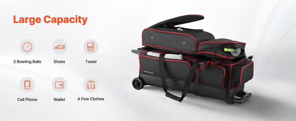 VEVOR Bowlingballtasche, 2-Ball-Doppelroller-Bowlingtasche mit Rädern, mit einem separaten Fach für Schuhe (bis US-Größe 16) und übergroßer Zubehörtasche, ausziehbarer Griff bis 1050 mm, Schwarz & Rot-3 Bälle