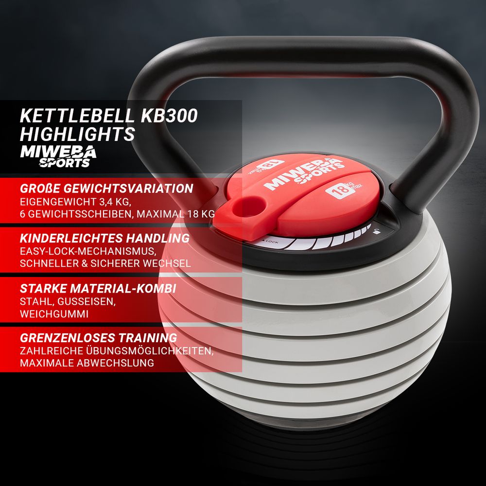Miweba Sports Kettlebell KB300 | Kugel Hantel verstellbar - 3,4 bis 18 kg - 6 Stufen - Easy-Lock - Weichgummiboden - Anti-Rutsch-Griff - platzsparend