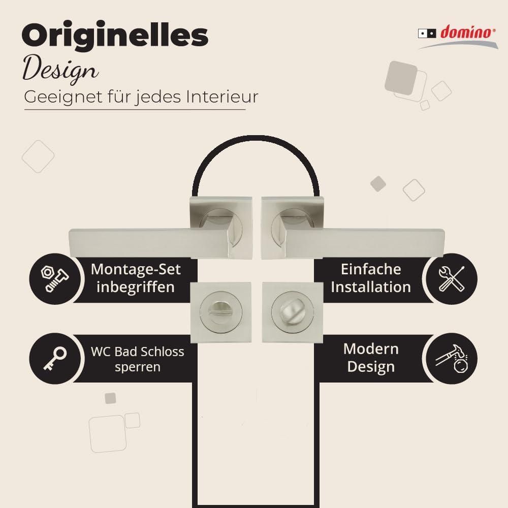 DOMINO Türgriff Drückergarnitur WC - Badezimmer Set | mit quadratischen Rosetten | für Badezimmertüren | Set WC - Rosetten-Garnitur | Türbeschläge aus Aluminium |Nickel Türdrückergarnitur | QUBIK-QR M9