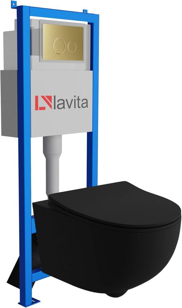 Lavita LAV 101 Vorwandelement für WC 40cm + Wand Hänge Tiefspül WC BRAVA Schwarz Spülrandlos + Bedienplatte LAV 200.4.5 Gold | Komplettset | Unterputz Spülkasten | Toilette Komplett Sett