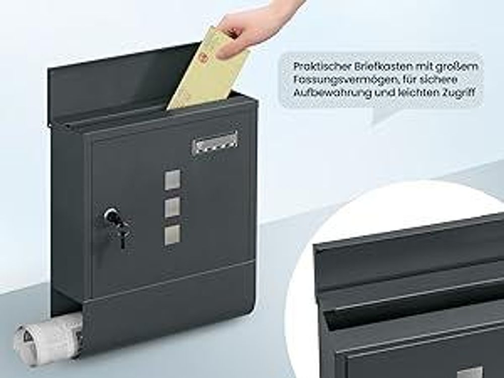 WOLTU Briefkasten, Postkasten mit Zeitungsfach Namensschild, 30,5x33,5x10 cm, Anthrazit