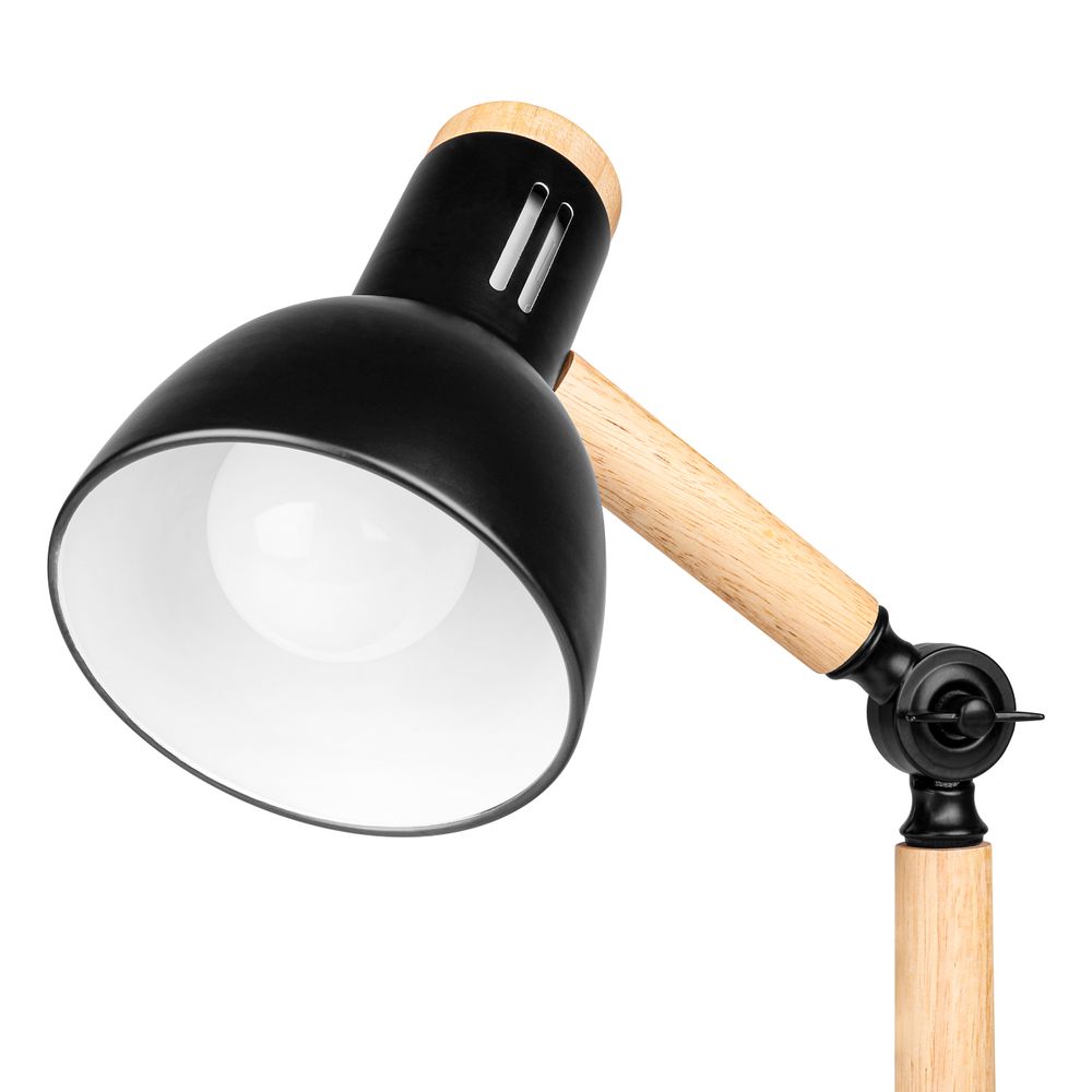 Schreibtischlampe mit schwarzem Schirm und Holzarm, Detailaufnahme der Konstruktion.