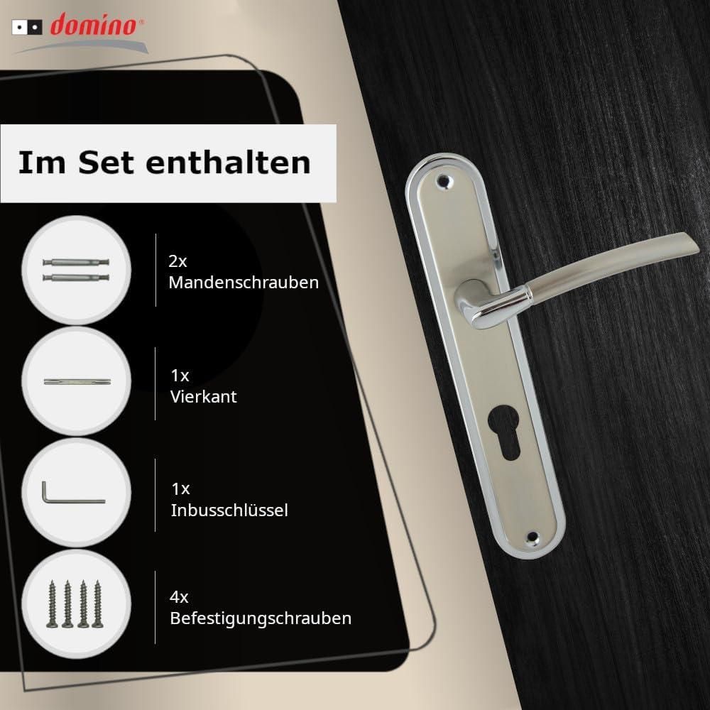 DOMINO Türgriff 72 Drückergarnitur PZ - Profilzylinder Set | Türklinke für Zimmertür, Bürotür, Kellertür & Innentür | L-Form | Türbeschläge aus Aluminiuml | Chrom/Nickel Türdrückergarnitur | PRESTO M6/M9