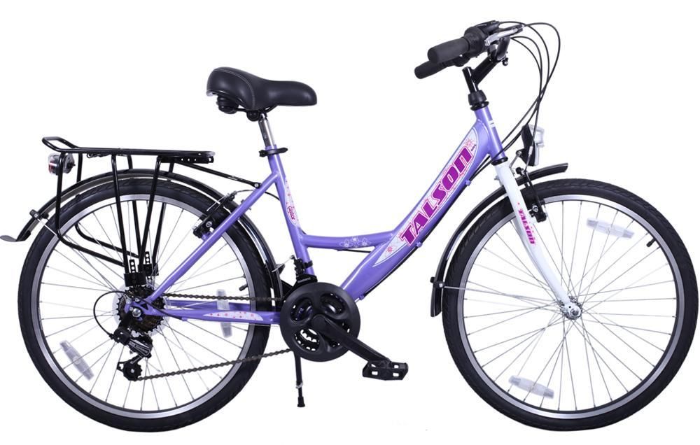 Talson Mädchen-Fahrrad 26 Zoll, 21-GG-Shimano-Schaltung mit Beleuchtung und Gepäckträger, Farbe Lila/Weiß