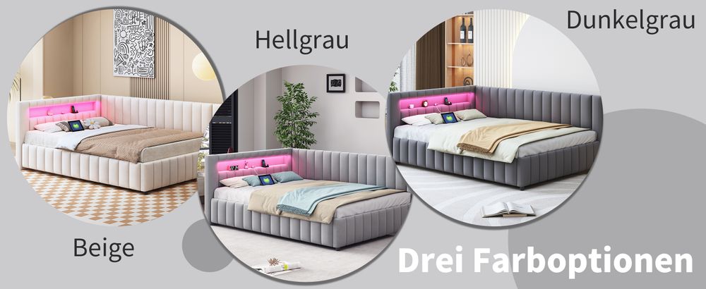 okwish Schlafsofa Polsterbett 140x200 Daybett mit LED-Licht und USB-Ladeanschluss, mit Rückenlehne und Kopfteil,Samtstoff,Hellgrau-Ohne Matratze