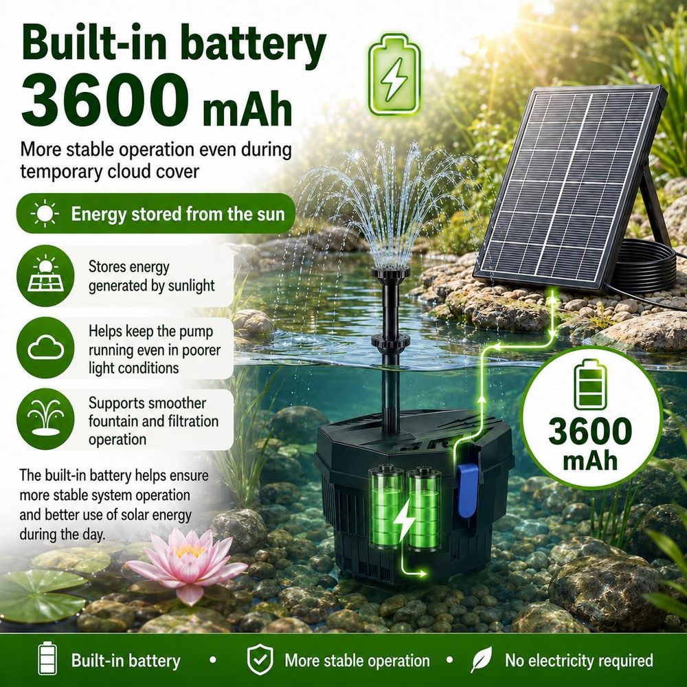 Solární jezírkový filtr s čerpadlem FA101 - 3600 mAh baterie, průtok 300 l/h, 10 trysek, 8 W panel