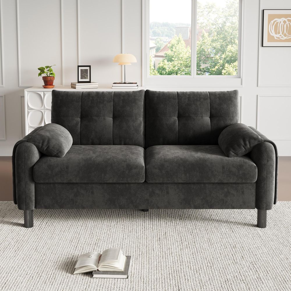 Merax 2 Sitzer Sofa, Couch, Polstersofa mit Kissen, Seitentaschen, Loveseat Loungesofa für Wohnzimmer, Schlafzimmer, Kleine Wohnung, Chenille, Grau
