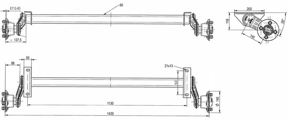 KNOTT ungebremste Achse 750 kg, 1130 mm Auflage, für leichte PKW-Anhänger