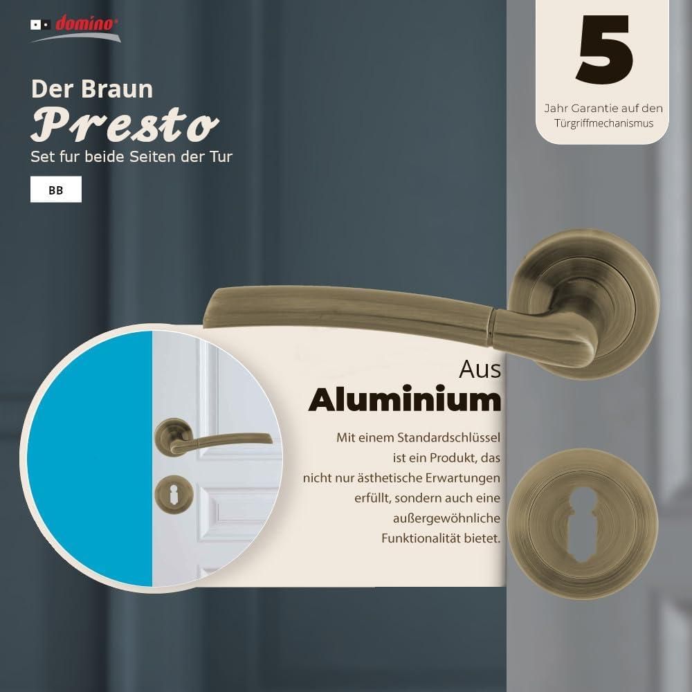DOMINO Türgriff Drückergarnitur BB-Buntbart Set | Rund BB Rosette | Türklinke für Zimmertür, Bürotür, Kellertür & Innentür | Türbeschläge aus Aluminium | Bronze Türdrückergarnitur | PRESTO-R M3