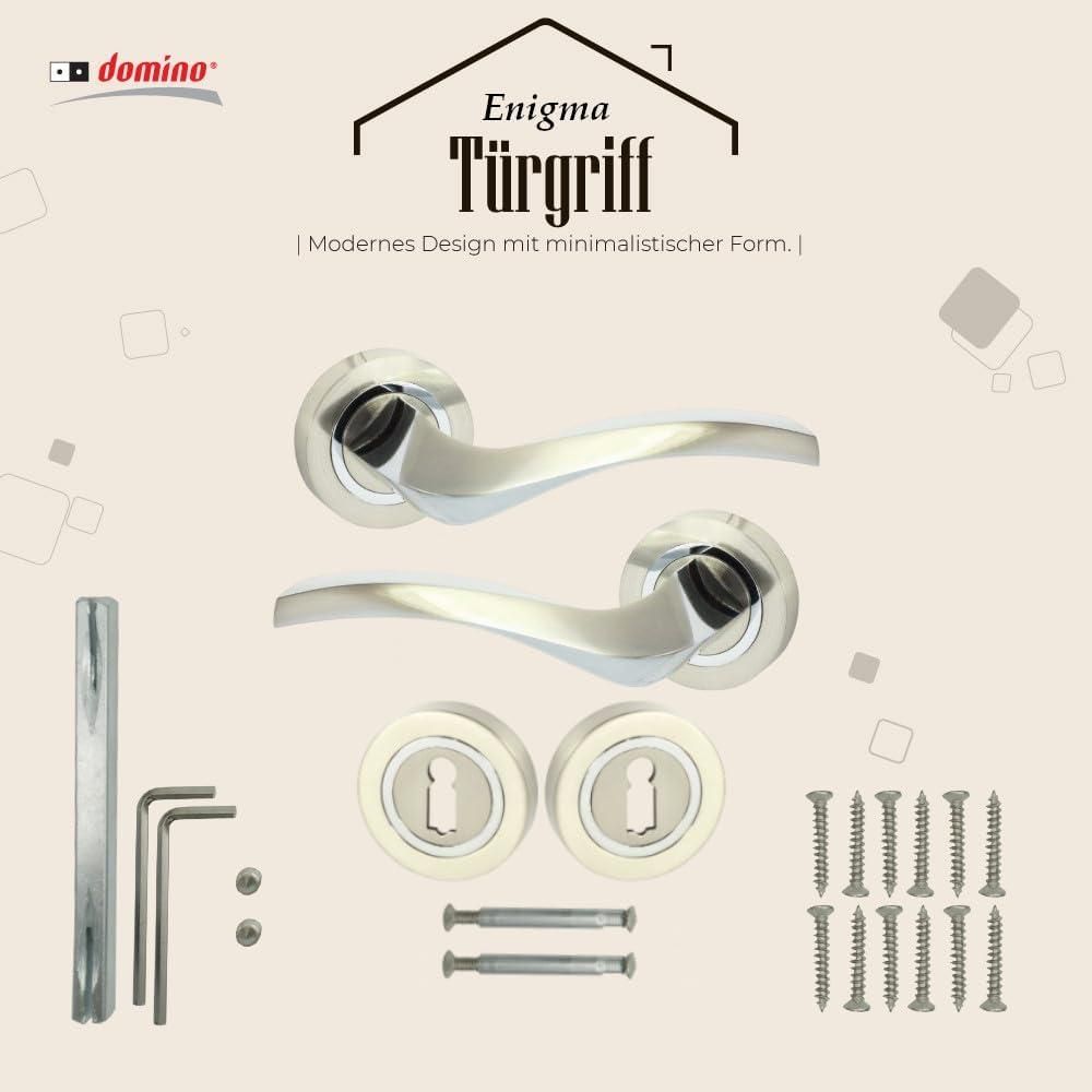 DOMINO Türgriff Drückergarnitur BB-Buntbart Set | Rund BB Rosette | Türklinke für Zimmertür, Bürotür, Kellertür & Innentür | Türbeschläge aus Aluminium | Chrom/Nickel Türdrückergarnitur | ENIGMA-R M6/M9