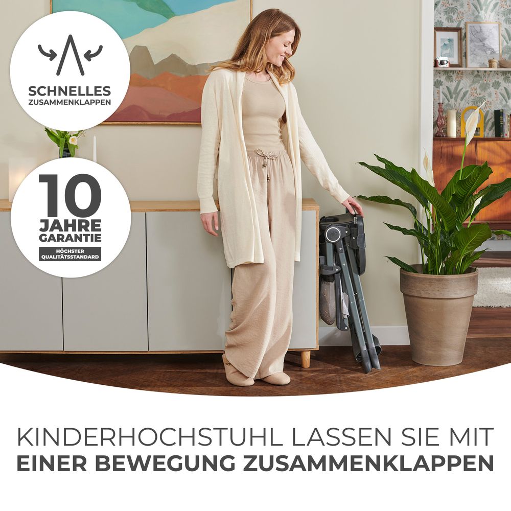 Kinderkraft FOLDEE - zusammenklappbarer Kinderhochstuhl - verstellbar - 3 Rückenlehnenpositionen - kompaktes Design - ab 6 Monate - Grau