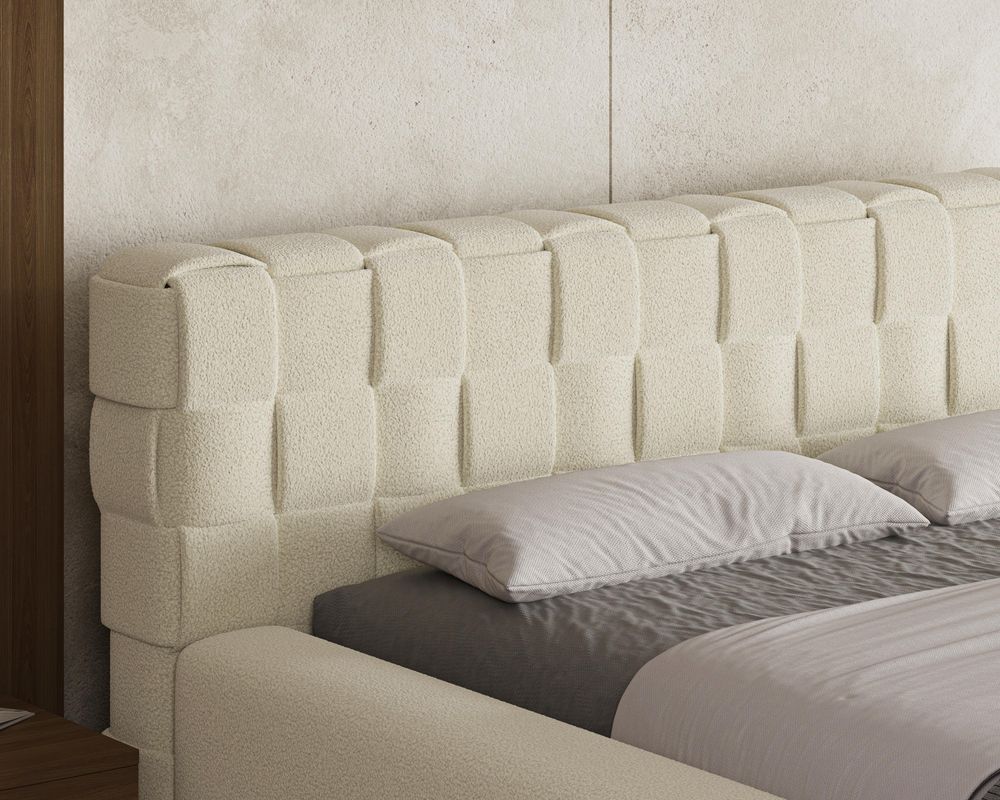 Chilly Möbel Design Bett Cube - Geometrisches Polsterbett mit Stauraum, Lattenrost und stabilem Metallrahmen 180x200 cm / Bouclé / Beige