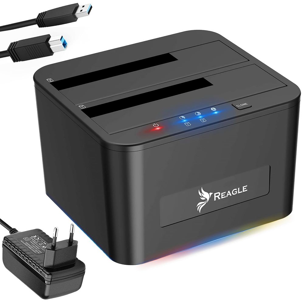 Reagle RDOC52 Dualschacht Festplatten Dockingstation USB 3.0 / 3.2 SATA für 2,5 und 3,5 Zoll HDD SSD, Offline Klonen bis 16TB