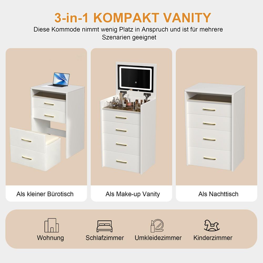 STILVORA Schminktisch mit 3-in-1 Design und klappbarem Spiegel, Frisiertisch mit Glasplatte und 3 Schubladen, Kosmetiktisch kompakt mit integriertem Stauraum und Hocker, Weiß