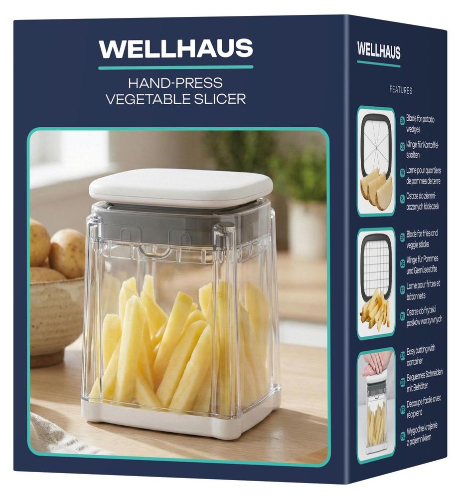 WELLHAUS Kartoffelschneider mit Behälter für Pommes frites und Boot-Kartoffeln – Set
