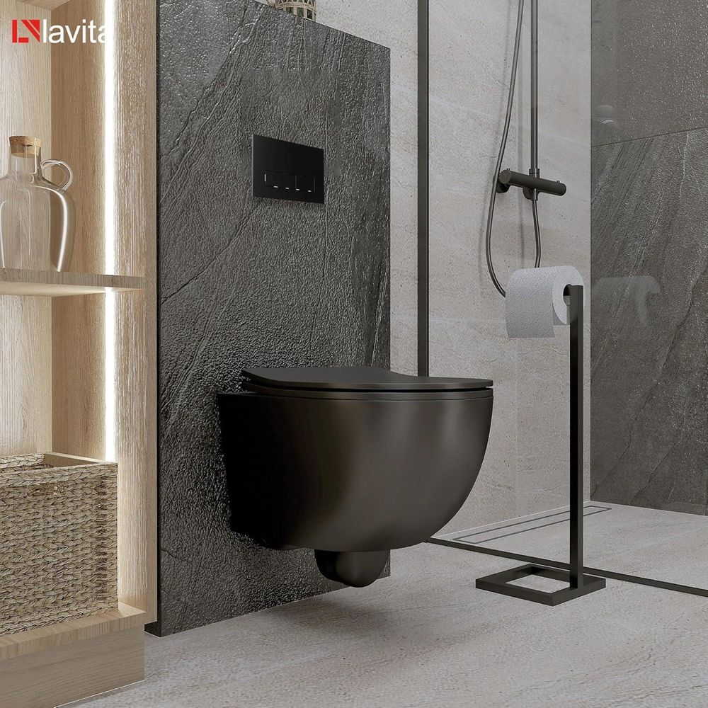 Lavita LAV 101 Vorwandelement für WC 40cm + Wand Hänge Tiefspül WC BRAVA Schwarz Spülrandlos + Bedienplatte LAV 200.3.4 Schwarz | Komplettset | Unterputz Spülkasten | Toilette Komplett Sett