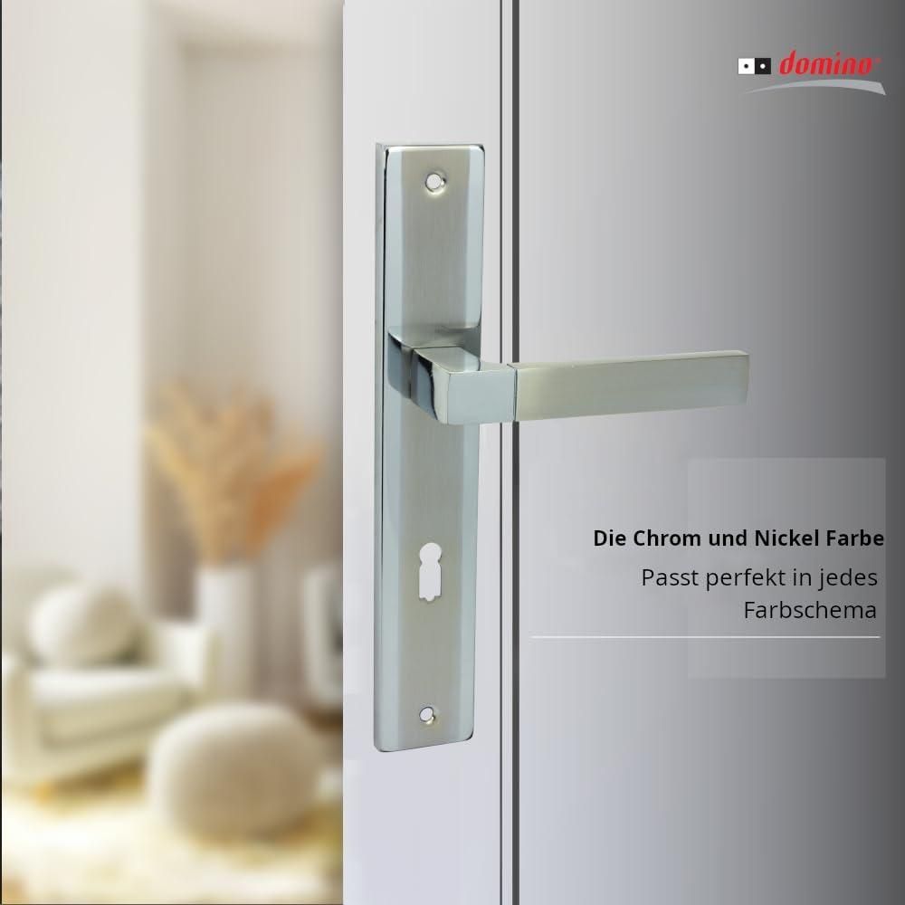 DOMINO Türgriff 72 Drückergarnitur BB-Buntbart Set | Langschildgarnitur | Türklinke für Zimmertür, Bürotür, Kellertür & Innentür | L-Form | Türbeschläge aus Aluminiuml |Chrom/Nickel Türdrückergarnitur | REAL M6/M9