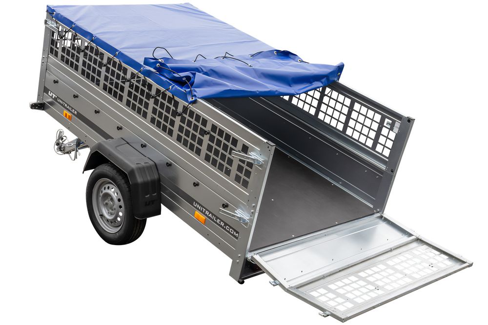 Pkw Transport Anhänger 230x125 Garden Trailer 230 KIPP mit Laubgitteraufsatz, blauer Flachplane, Planenträgern und Stützrad