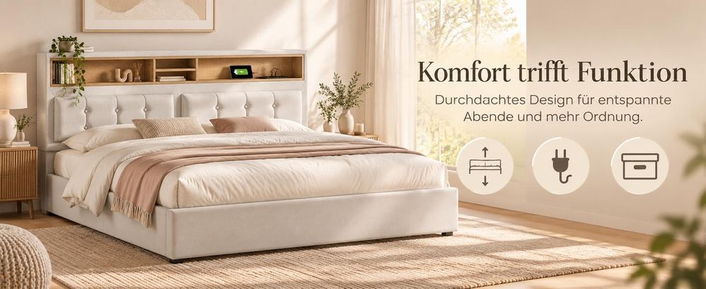 okwish Polsterbett 160×200 mit verstellbarem Kopfteil und Stauraum,Doppelbett mit USB-und Typ-C-Anschlüssen,Beige,ohne Matratze