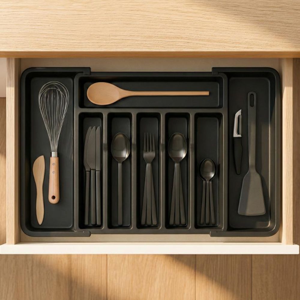 WELLHAUS – Ausziehbare, verstellbare Besteck und Küchen­schubladen-Organizer flexibles Raum­wunder für Ihre Küche (Schwarz, 33 x 38 cm -> 57 x 38 cm)