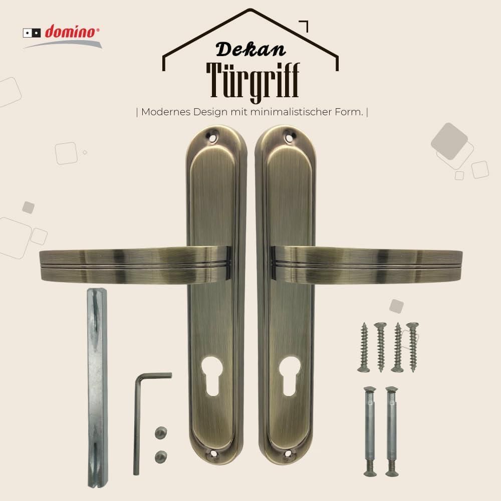 DOMINO Türgriff 72 Drückergarnitur PZ - Profilzylinder Set | Türklinke für Zimmertür, Bürotür, Kellertür & Innentür | L-Form | Türbeschläge aus Aluminiuml | Bronze Türdrückergarnitur| DEKAN M3