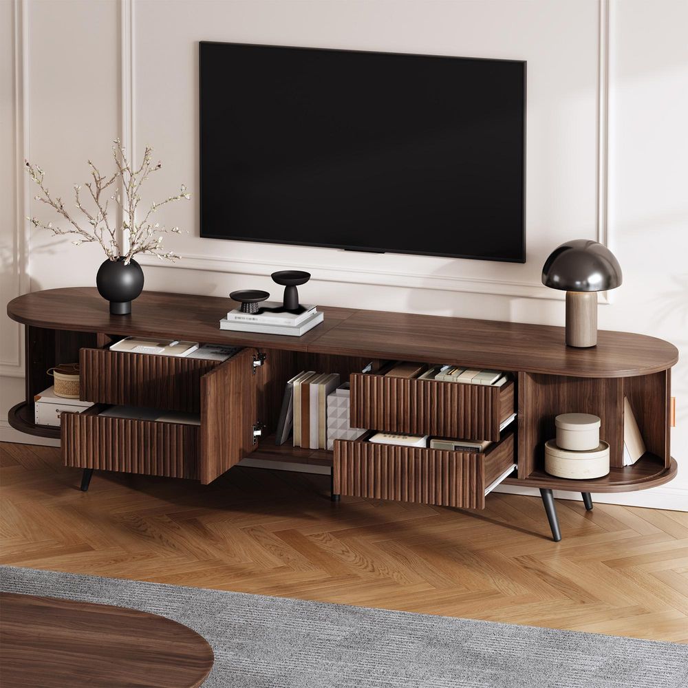 Merax Ovaler TV-Ständer mit 4 Schubladen und 2 Rolltüren, TV Möbel bis 80 Zoll mit separaten Schrankfach, Lowboard Wohnzimmerschrank, Walnuss