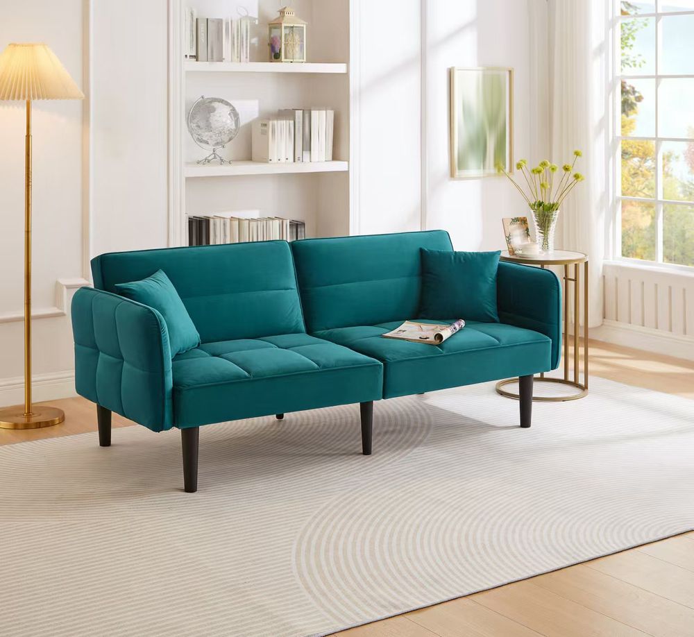 Merax 2-in-1 Schlafsofa Zweisitzer, Verstellbares Funktionssofa mit Samtbezug und Schlaffunktion, Klappbare Armlehnen, inkl. Kissen, Grün