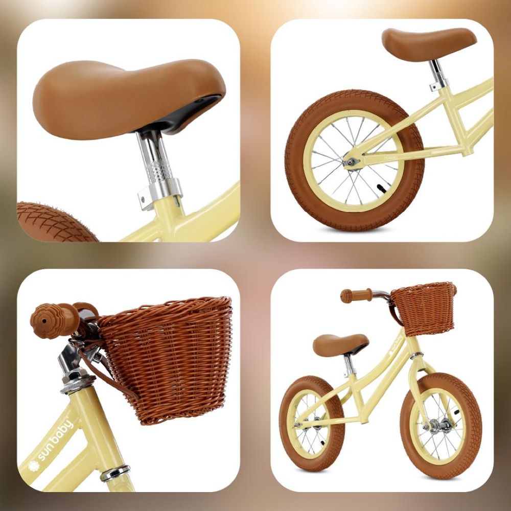 Collage van close-ups: zadel, mandje, wiel en frame van de Sun Baby loopfiets.