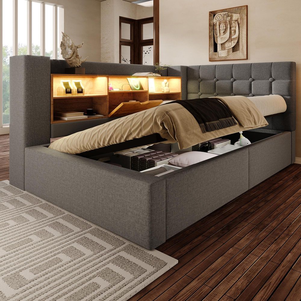 Flieks Hydraulisches Schlafsofa 90x200cm mit Stauraum, Polstebett mit USB, Jugendbett mit Led und offenen Staufächern, Einzelbett Leinen, Grau