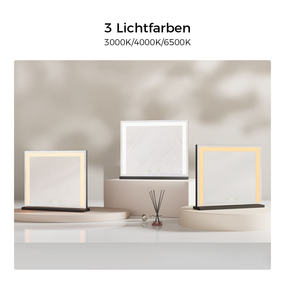 Heilmetz Spiegel Kosmetikspiegel mit Beleuchtung Schminkspiegel Tischspiegel 3 Lichtfarbe Dimmbar 50x42cm Mit Touch Steuerung Schwarzer Eisenfuß