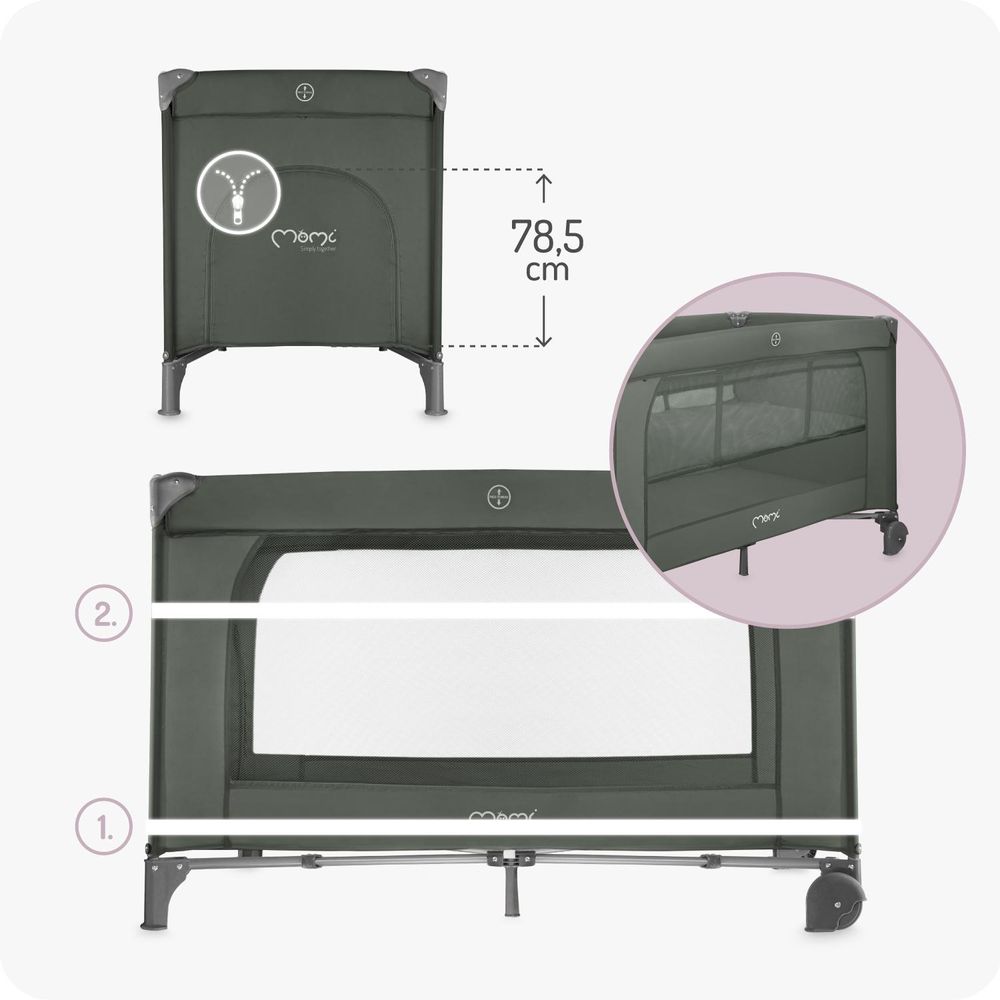MoMi BELOVE PLUS – Babyreisebett mit Matratze, Spielbogen & Wickeltisch, 2 Ebenen, Zubehör inkl. – Dunkelgrün