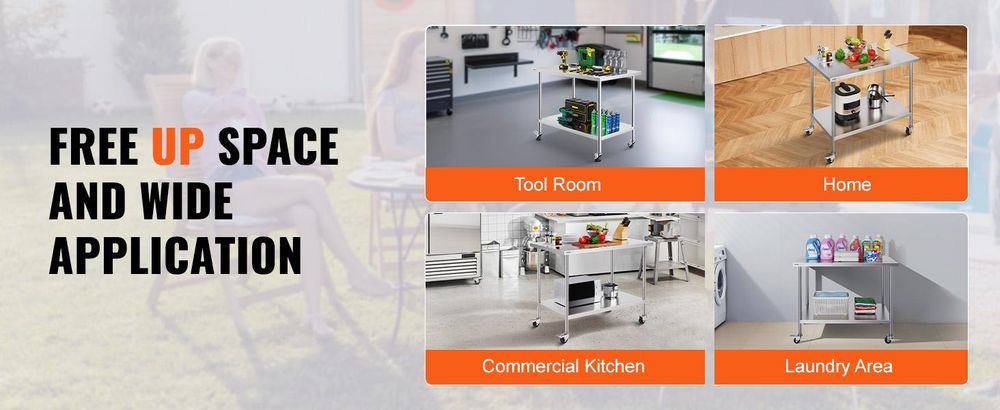VEVOR Edelstahl Vorbereitungs Tisch, 24 x 24 x 34 Zoll, Schwerlast Metall Arbeitstisch mit 3 verstellbaren Höhenstufen, Gewerbliche Arbeitsstation für Küche Garage Restaurant Garten, 762x1219 mm