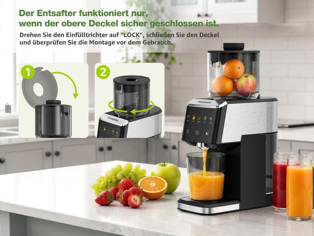FATABETA Entsafter Slow Juicer 135 mm Große Öffnung elektrisch entsafter für Gemüse und Obst 1,6 L Füllvolumen mit 2 Gläsern, Elektrische Saftpresse