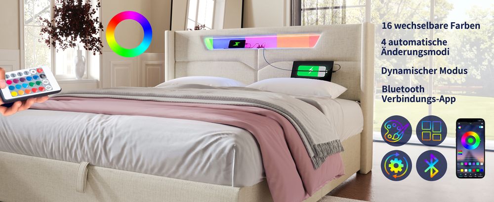 MODFU Boxspringbett Hydraulisches 140 x 200 cm mit LED-Beleuchtung, Polsterbett Funktionelles mit USB-Ladeanschluss, Doppelbett Stauraumbett mit Bettkasten Stauraum, Leinenmaterial Beige(Ohne Matratze)