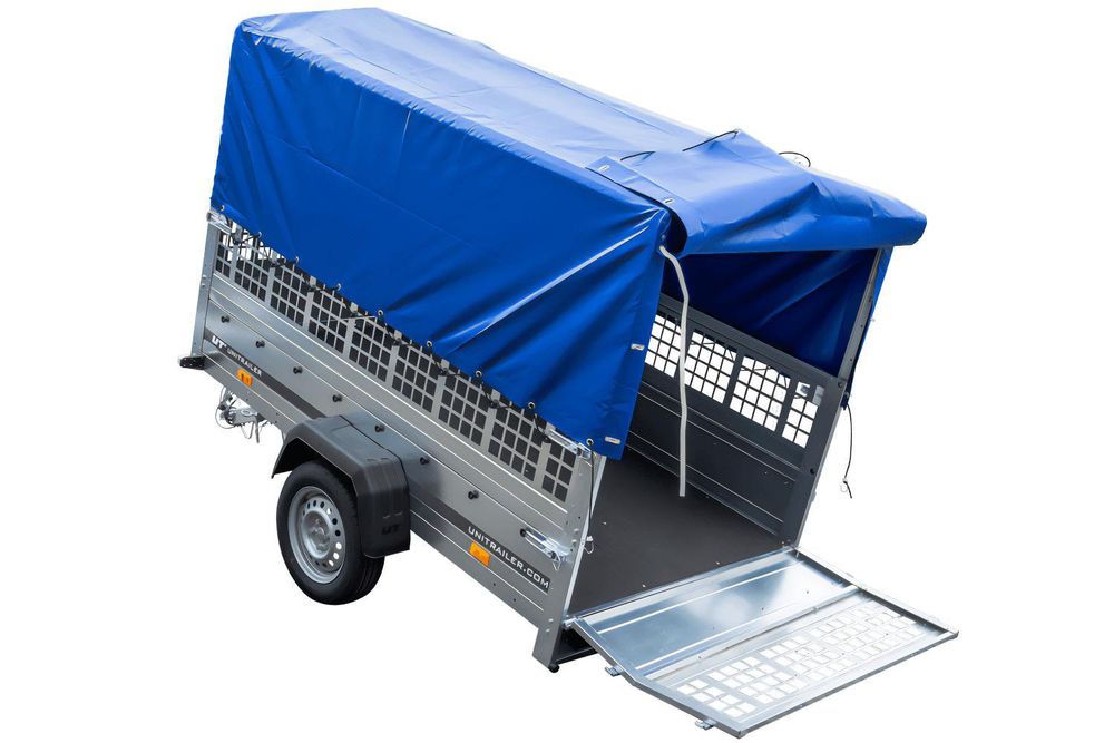 Planenanhänger 230x125 Garden Trailer 230 KIPP mit Laubgitteraufsatz, blauer Hochplane, Hochspriegel und Stützrad