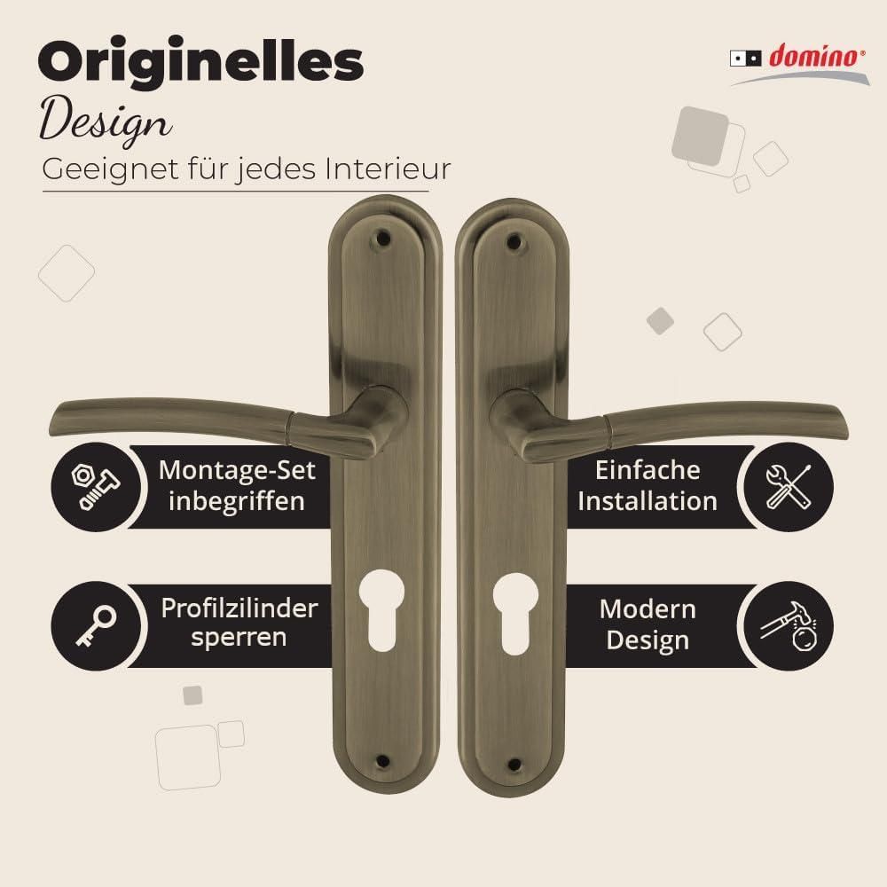 DOMINO Türgriff 72 Drückergarnitur PZ - Profilzylinder Set | Türklinke für Zimmertür, Bürotür, Kellertür & Innentür | L-Form | Türbeschläge aus Aluminiuml | Bronze Türdrückergarnitur | PRESTO M3
