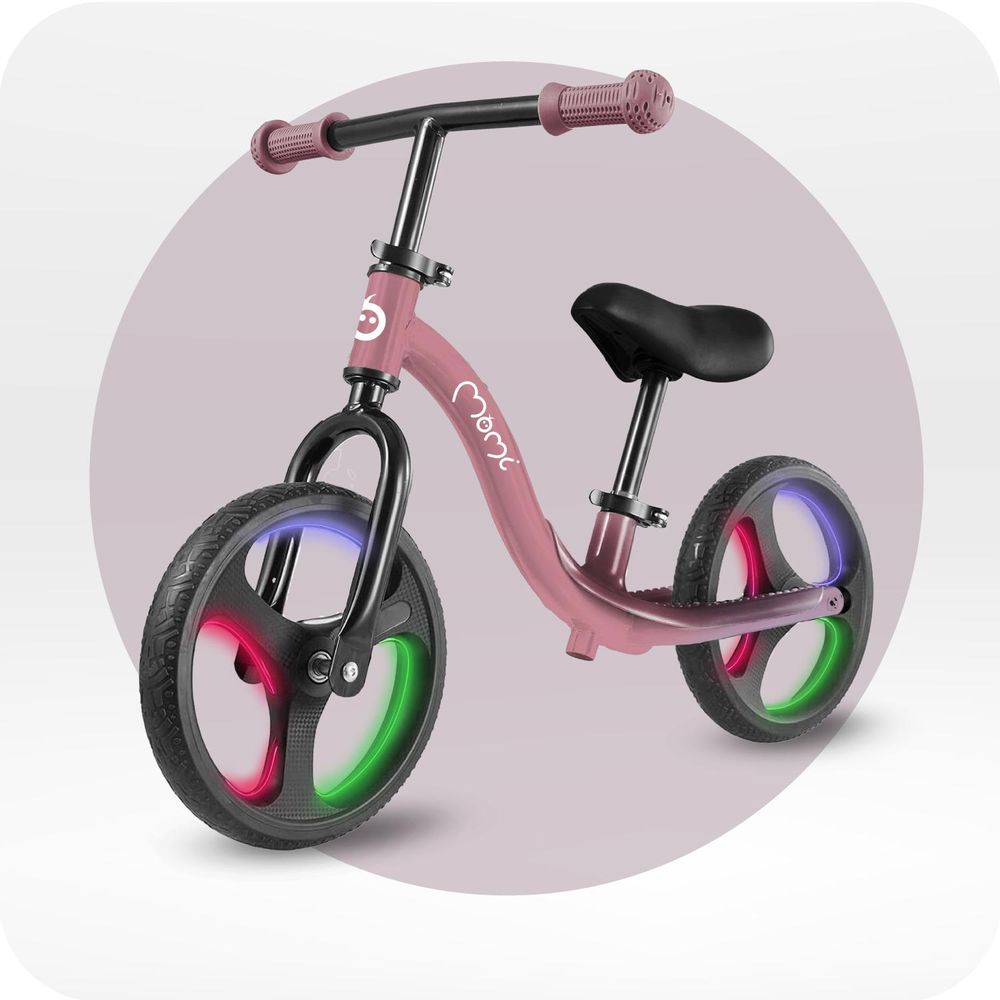 MoMi ISOKA – 10 Zoll Laufrad mit LED-Leuchten (Dynamo), höhenverstellbar ohne Werkzeug, mit Fußstütze, ab 2 Jahren, bis 35 kg – Rosa
