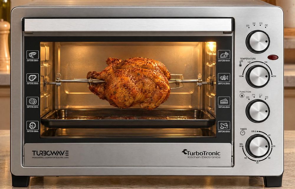 TT-EVS38 mit Hähnchen am Drehspieß und einem Backblech zum Auffangen darunter