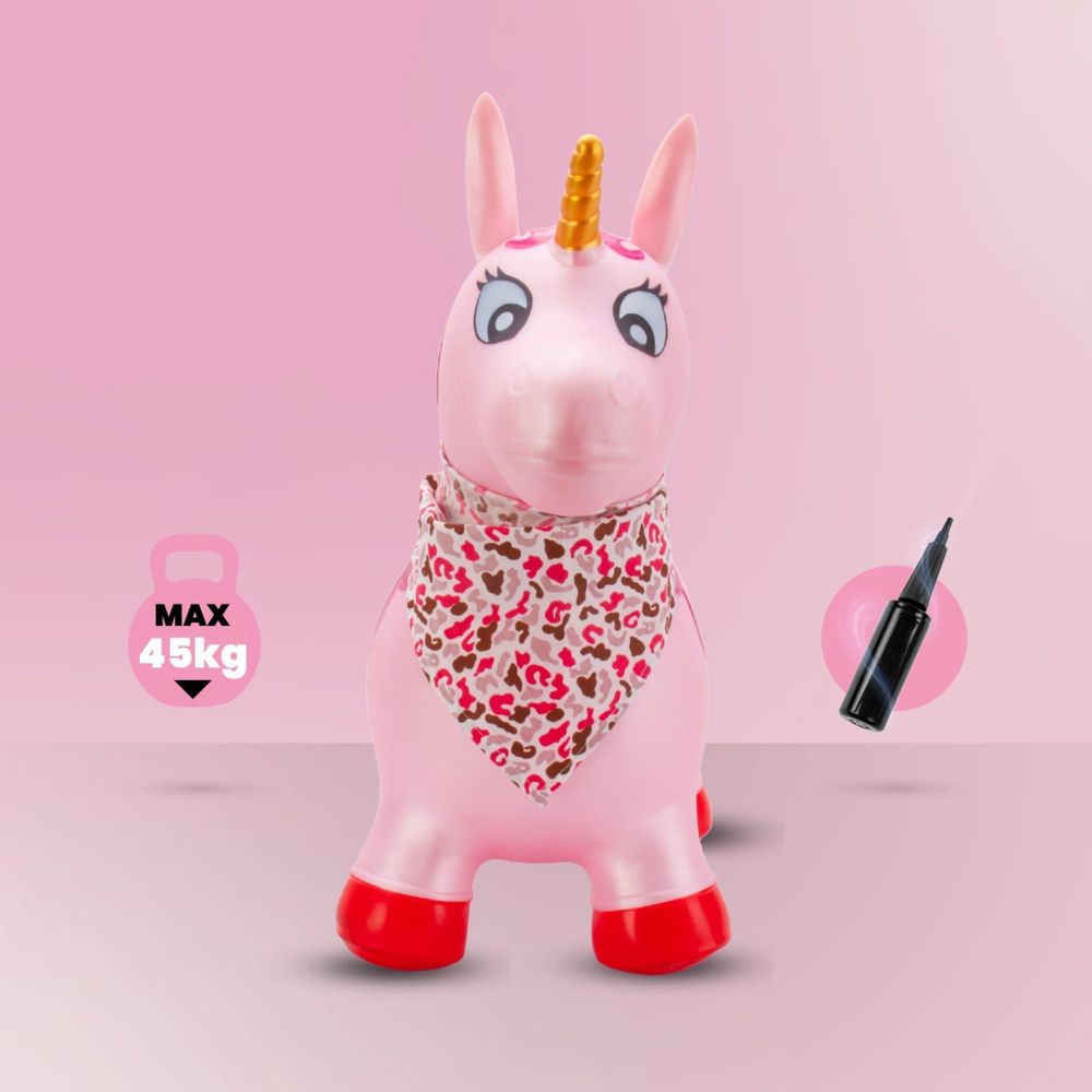 Einhorn-Hüpftier mit Bandana und beiliegender Pumpe.