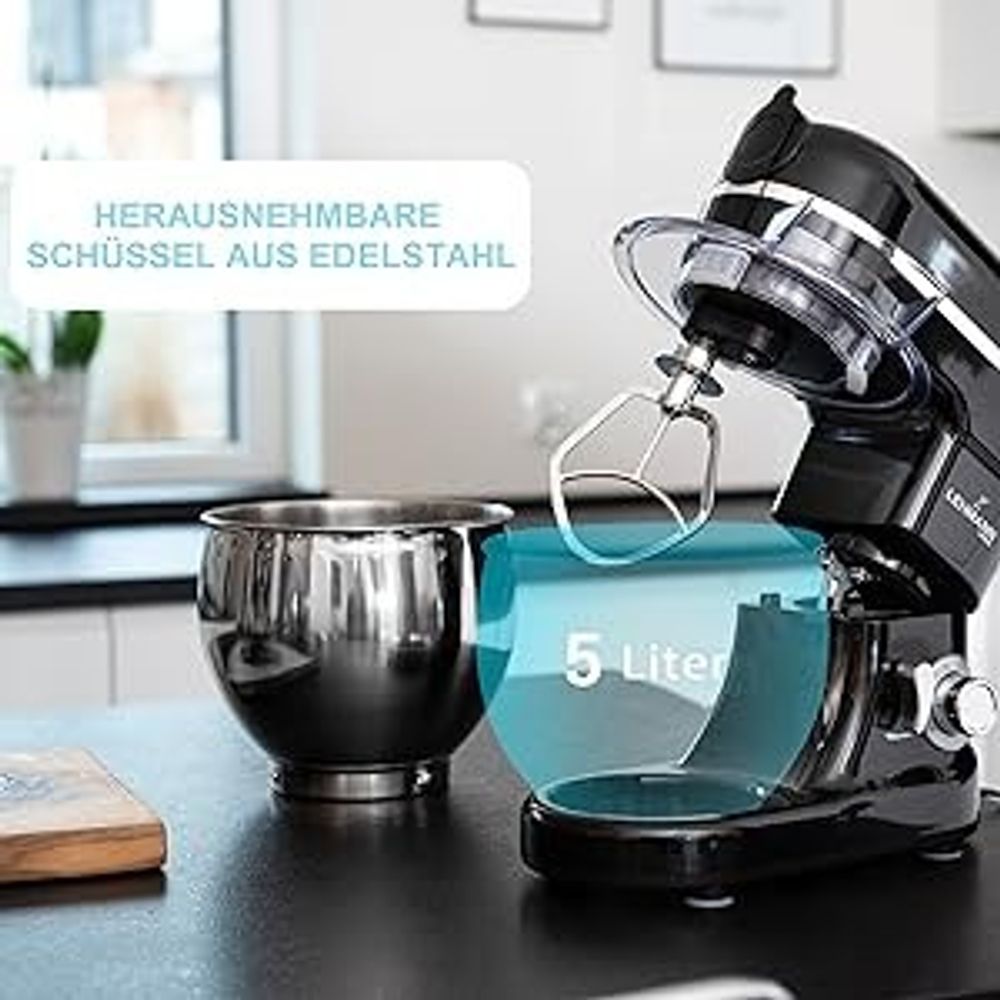 Lehmann Mastic, Planetarische Küchenmaschine, Fleischwolf, Mixer - 3 in 1, 1300 W, 6 Geschwindigkeiten, 5 l Schüssel, 7 kg, Schwarz