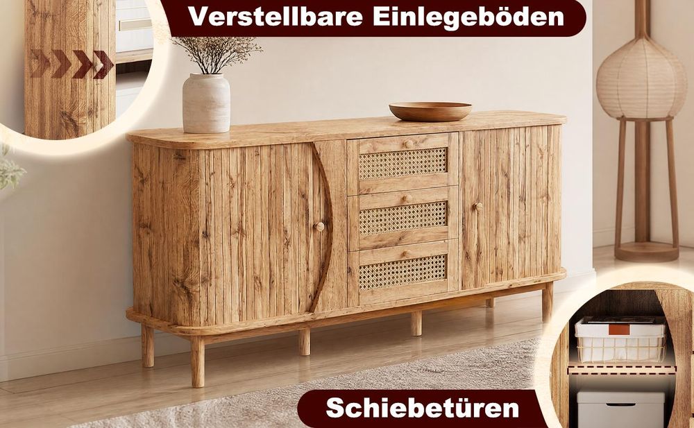 okwish Sideboard in Holzoptik mit Schiebetüren, Aufbewahrungsschrank mit verstellbaren Einlegeböden und abgerundeter Platte,Kommode mit Rattan