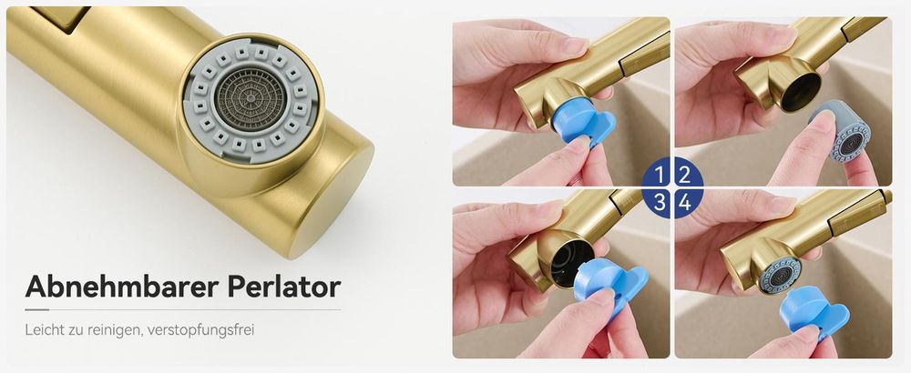 Spültischarmatur Ausziehbar L-Form, Cecipa Wasserhahn Küche, 304 Edelstahl Küchenarmatur, 2 Strahlarten, 360° Drehbar, Hochdruck, Gebürstet Gold