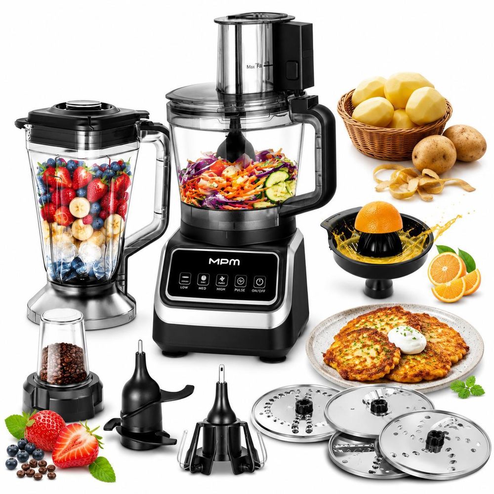 MPM Küchenmaschine 2000W Food Processor 11in1 Mixer Blender Zerkleinerer Reibe Entsafter Eiscrusher 2,6L 1,5L, Kartoffelpuffer, Edelstahl MRK-27